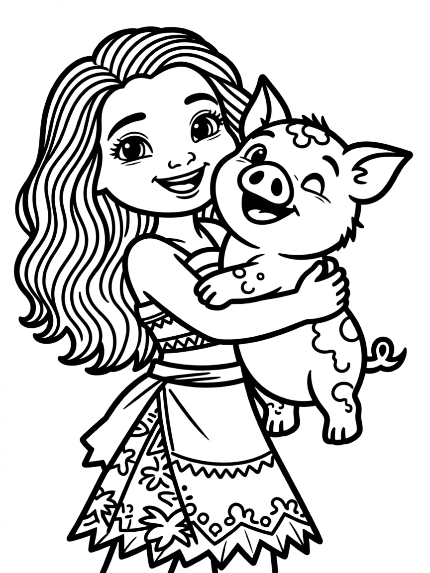Moana with Pua, her adorable pet pig, giving him a hug.