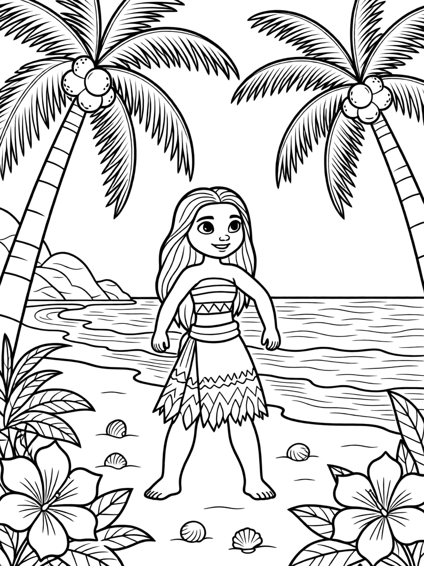 Moana exploring a new island, looking curious and brave.