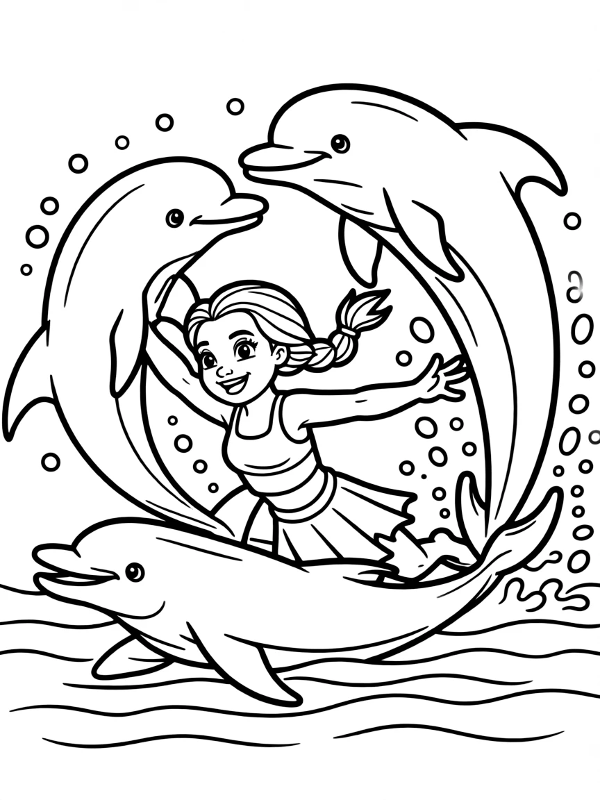 Moana surrounded by playful dolphins, swimming in the ocean.