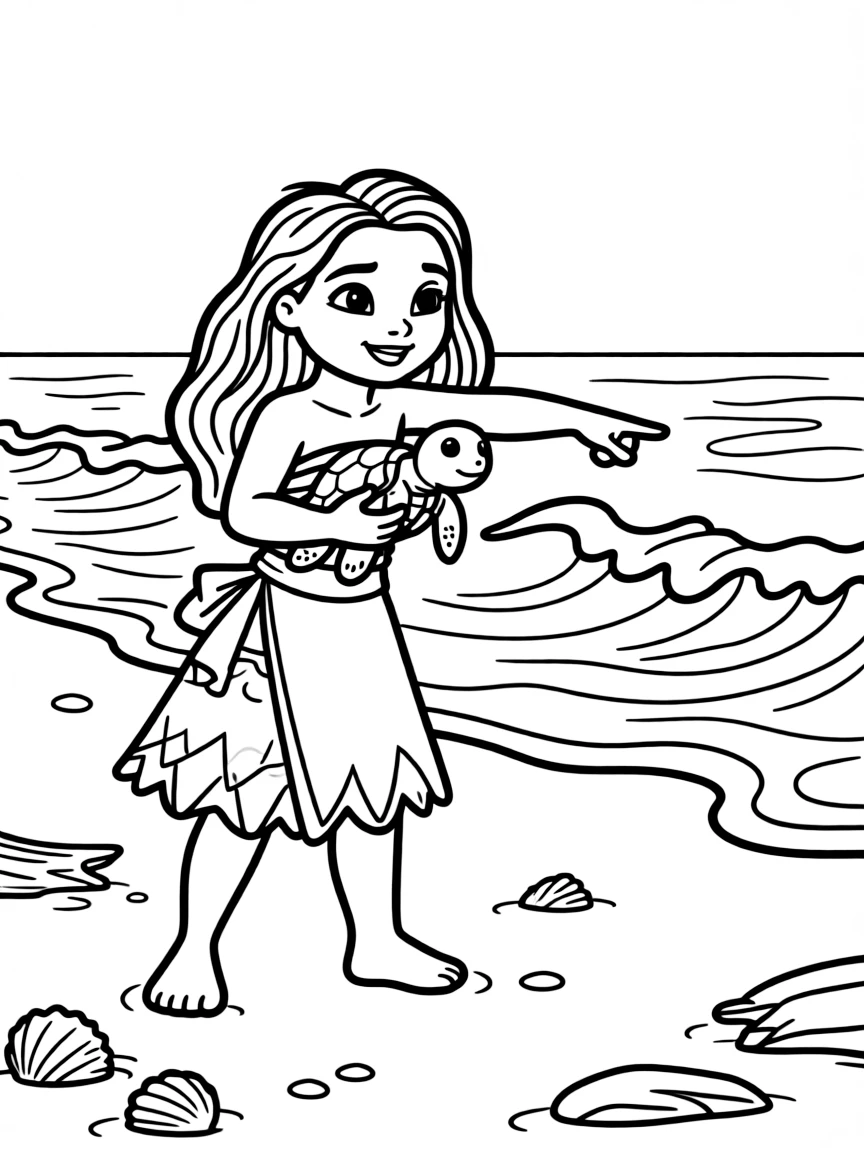 Moana helping a baby sea turtle find its way to the ocean.