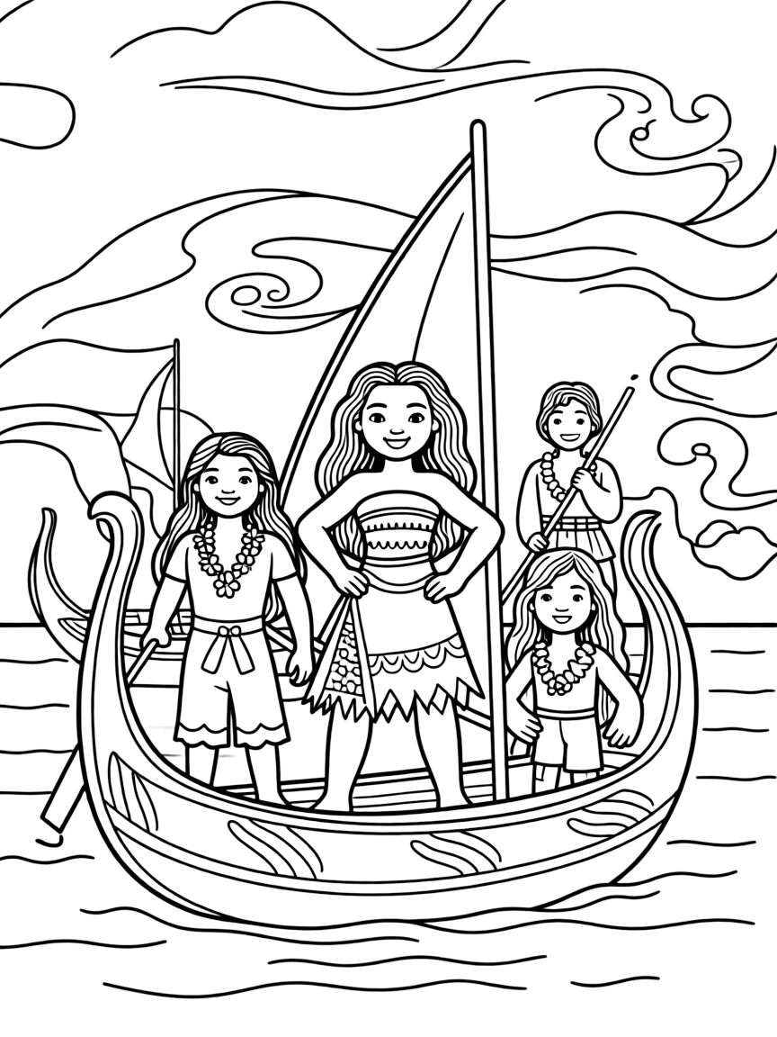 Moana with her ancestors, surrounded by their spirit canoes.