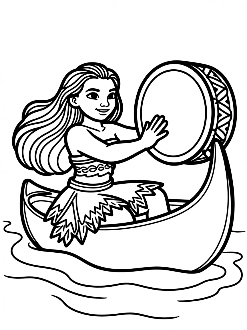 Moana drumming on her canoe, looking strong and focused.