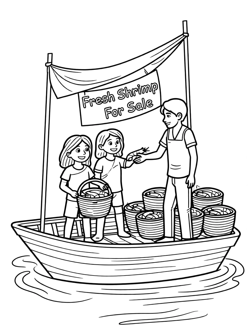 Raya and Boun on his boat, selling shrimp to travelers.