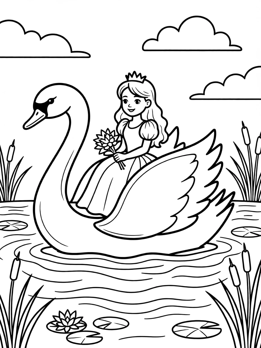 A princess on a swan boat, gliding across a shimmering lake.
