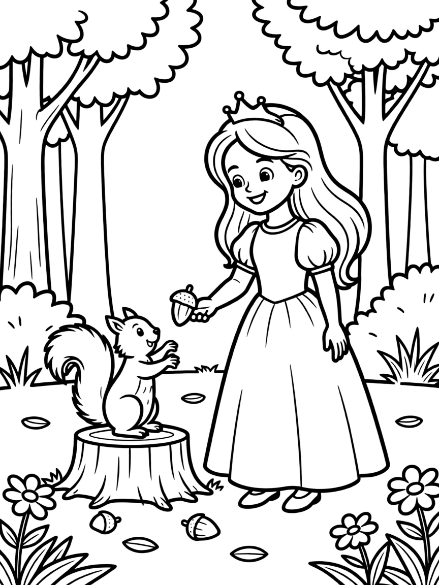 A princess with a pet squirrel, sharing an acorn in the forest.