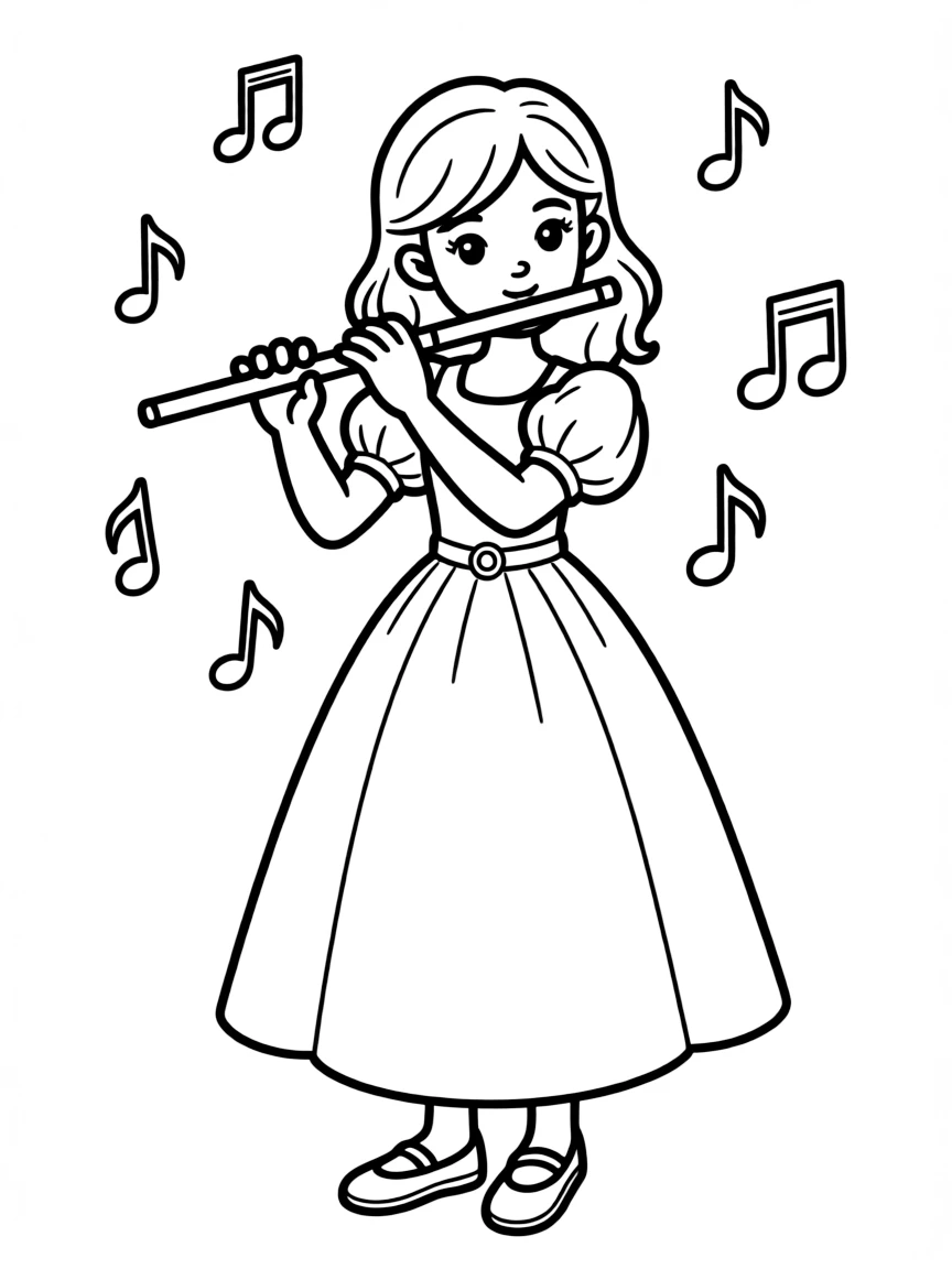 A princess learning to play the flute, with musical notes floating around her.