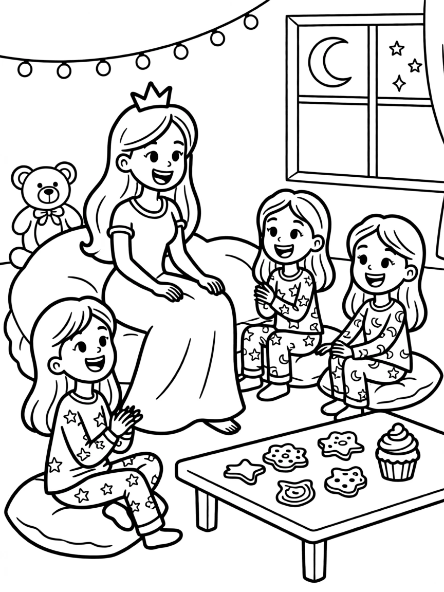 A princess having a slumber party with her best friends, giggling.