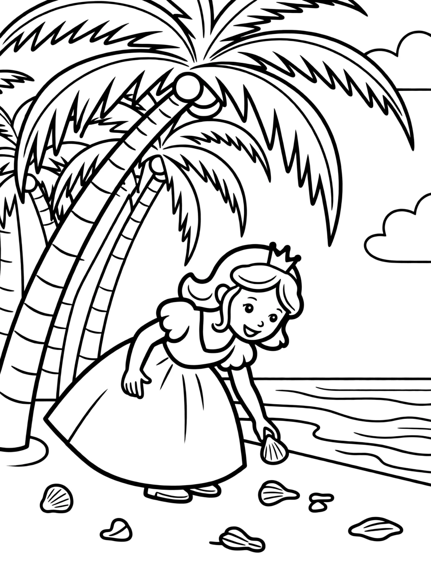 A princess collecting seashells on a tropical beach, with palm trees.