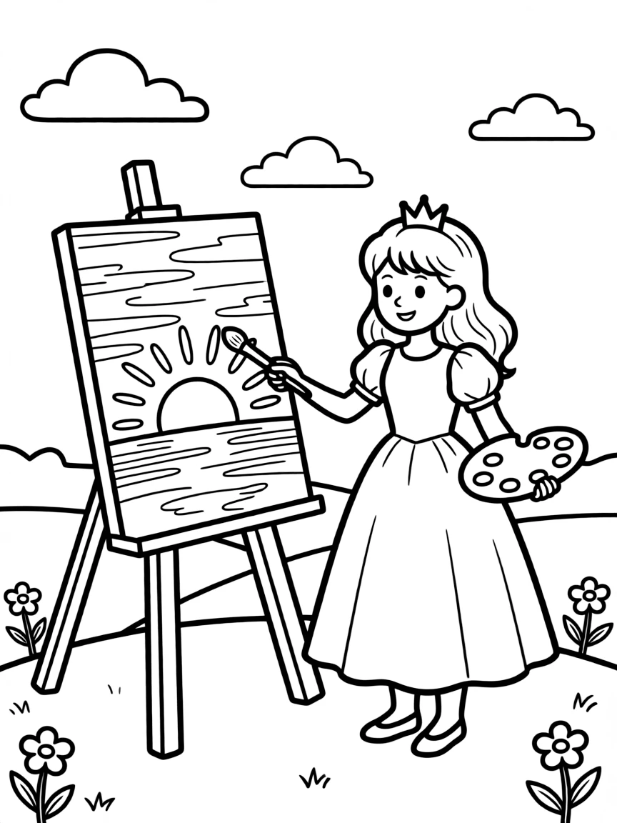 A princess painting a beautiful sunset, with vibrant colors.