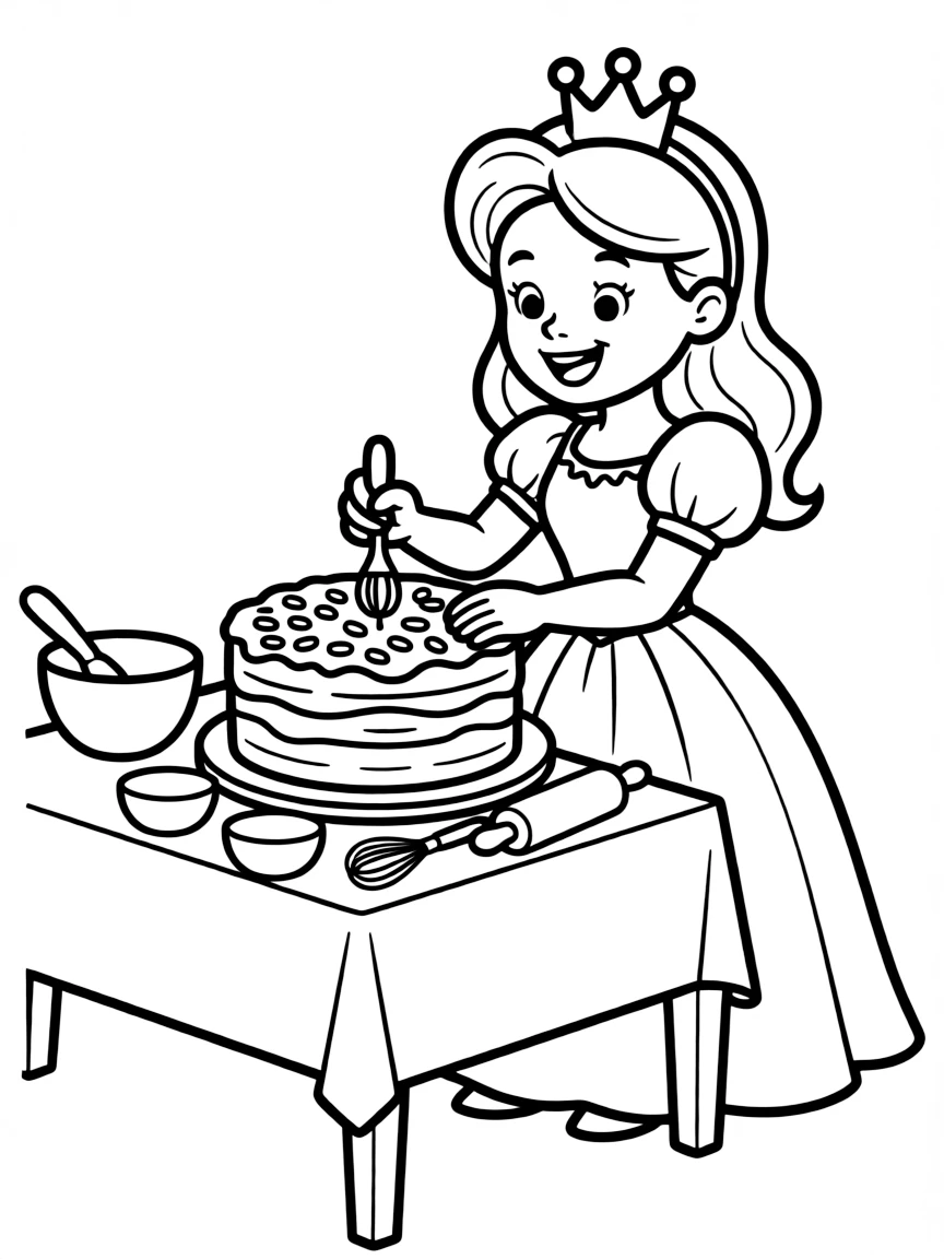 A princess making a delicious cake, covered in frosting and sprinkles.