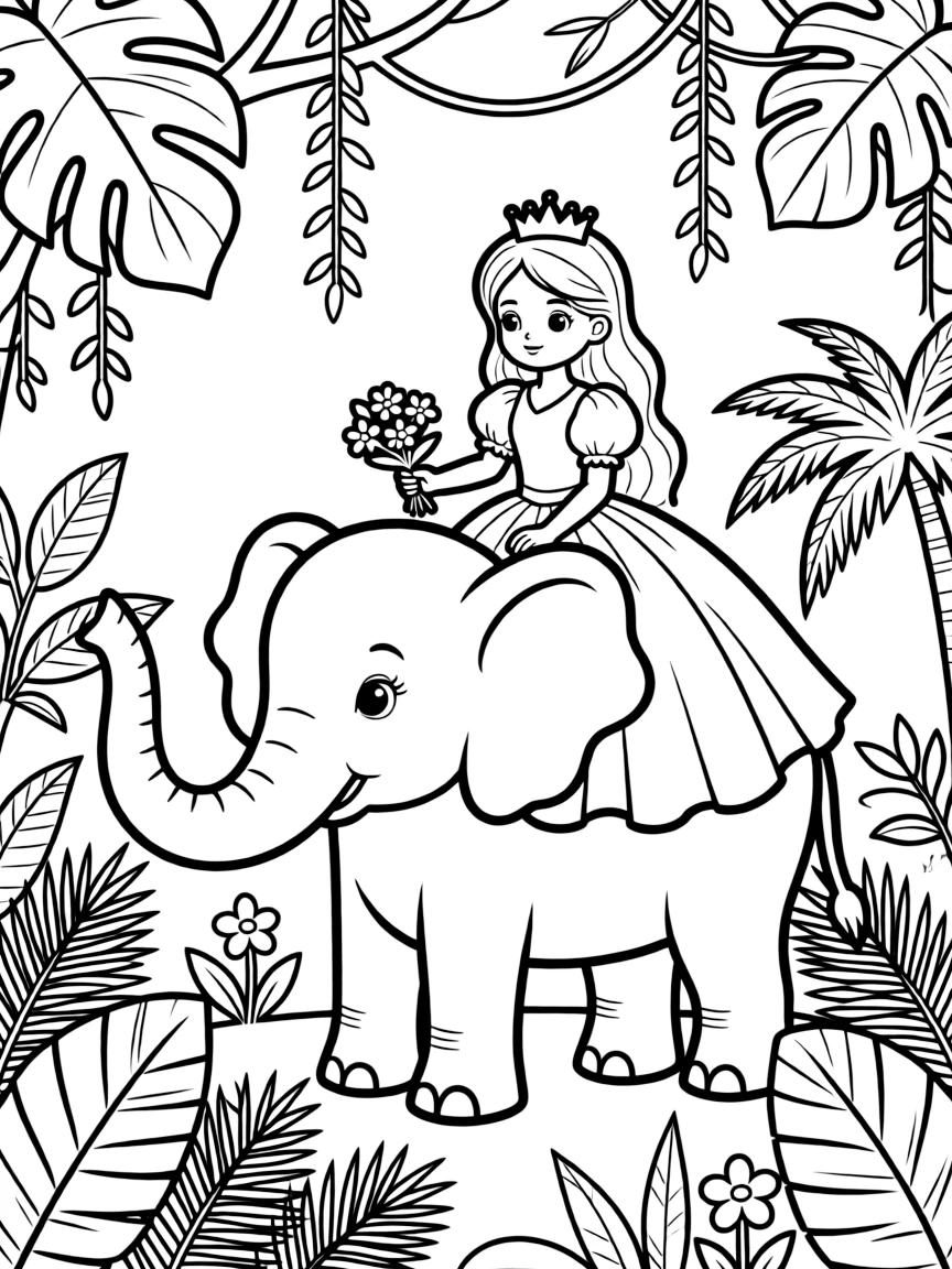 A princess riding a friendly elephant through a jungle.
