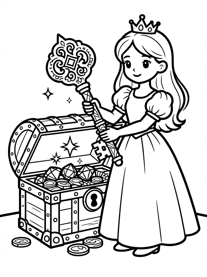 A princess with a magical key, opening a hidden treasure chest.