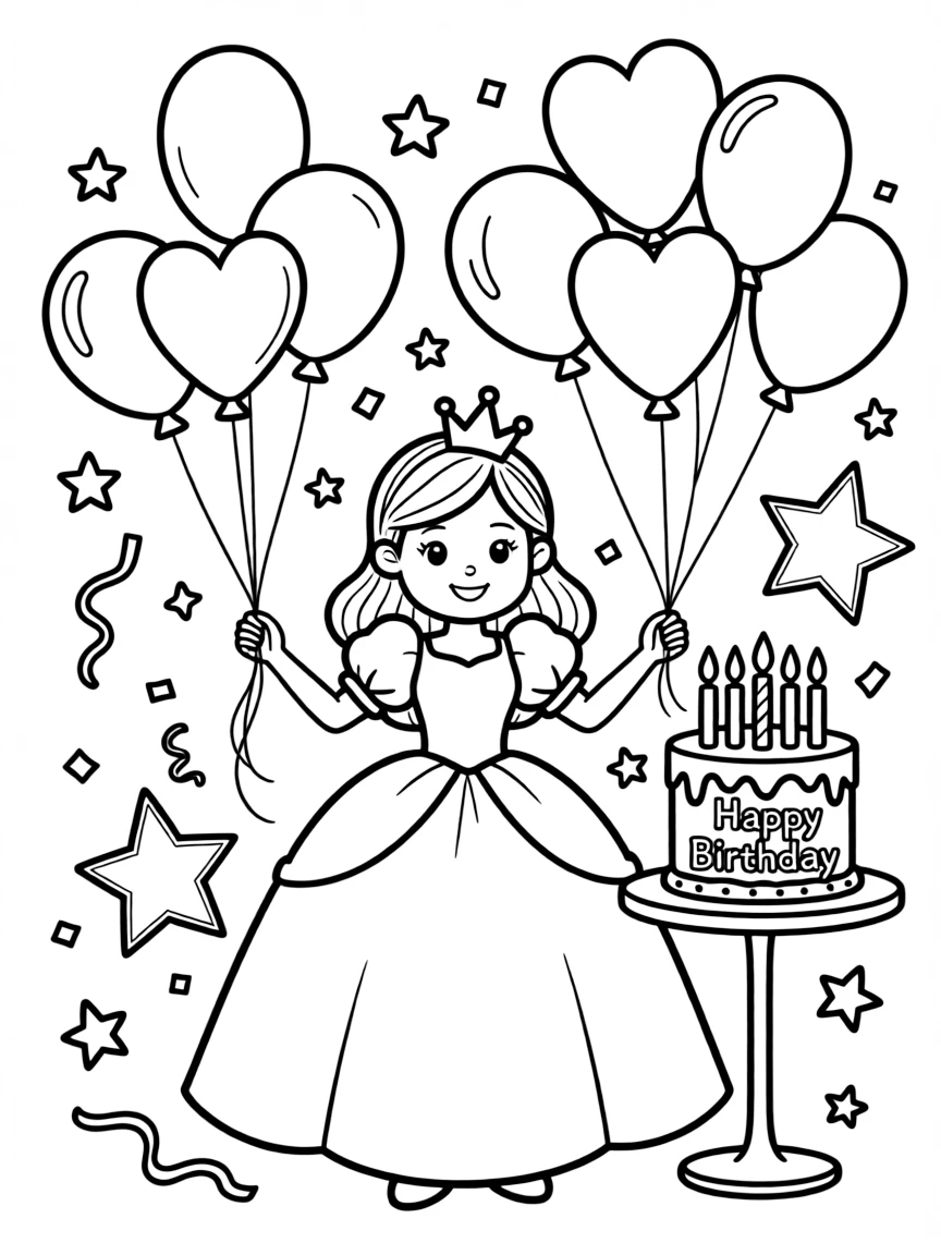 A princess surrounded by colorful balloons, celebrating a birthday.