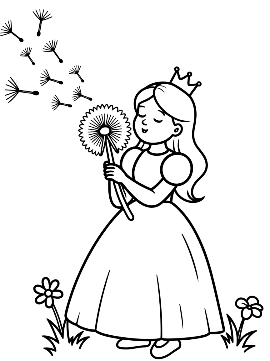 A princess making a wish on a dandelion puff, blowing it away.