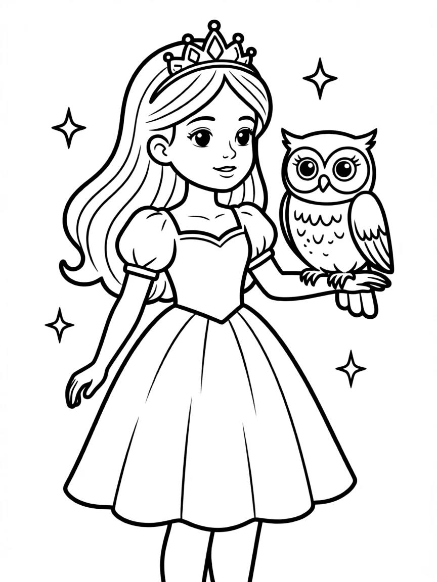 A princess with a pet owl, perched on her arm, looking wise.