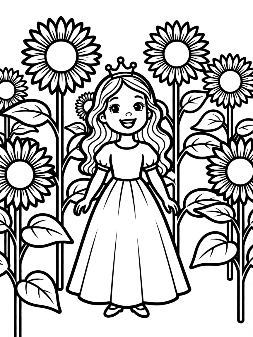 A princess in a field of sunflowers, looking joyful and bright.