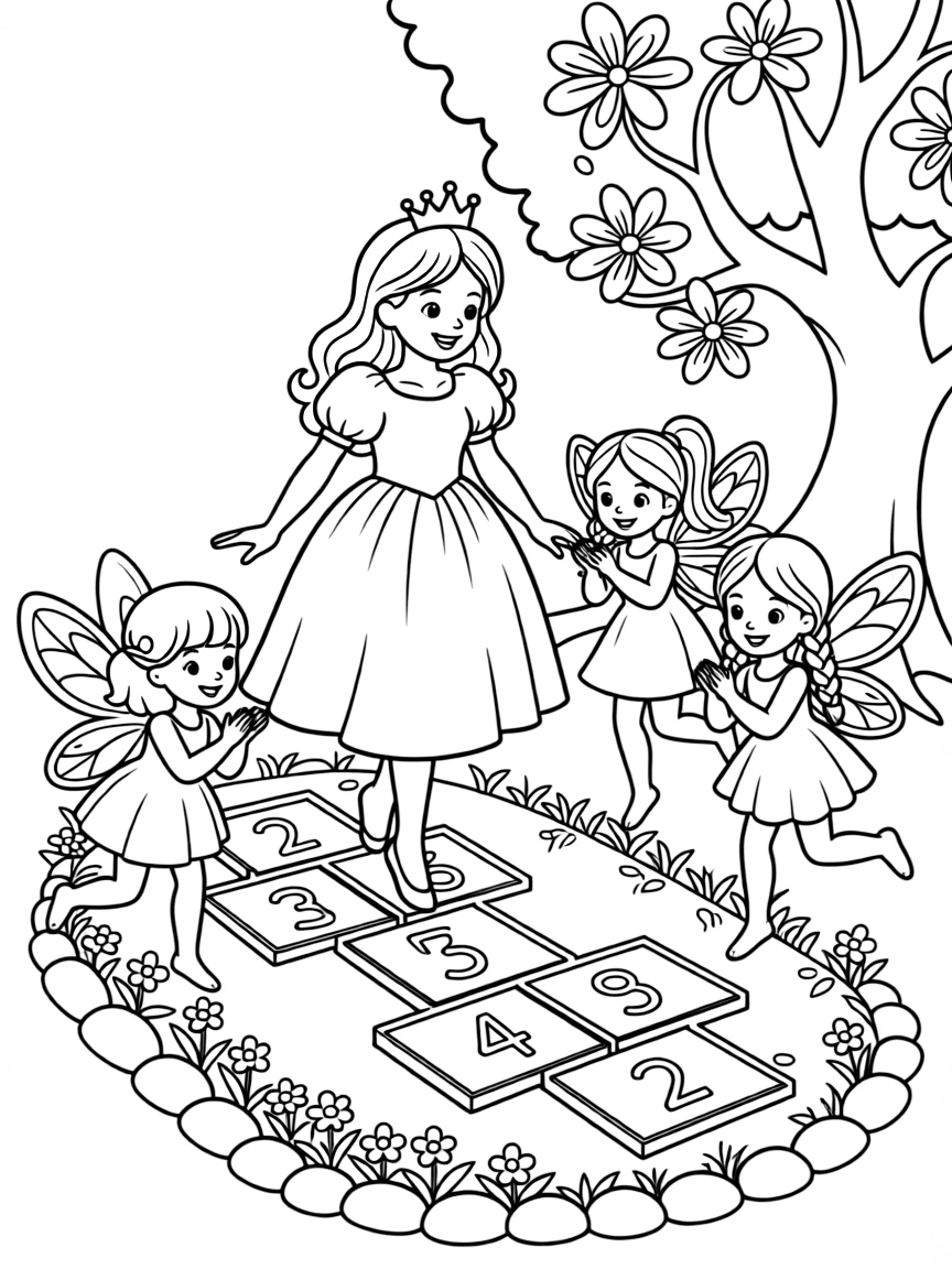 A princess playing hopscotch with her fairy friends.