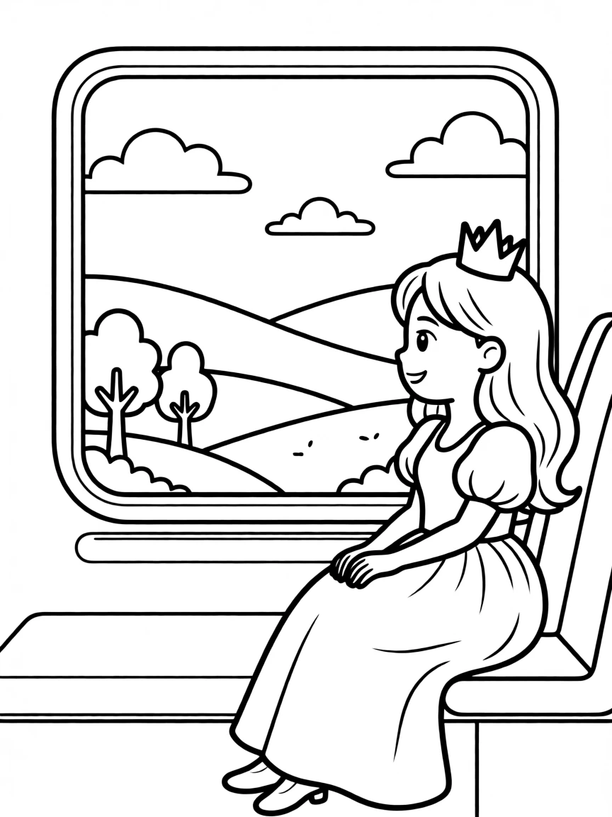 A princess on a train, looking out the window at passing scenery.