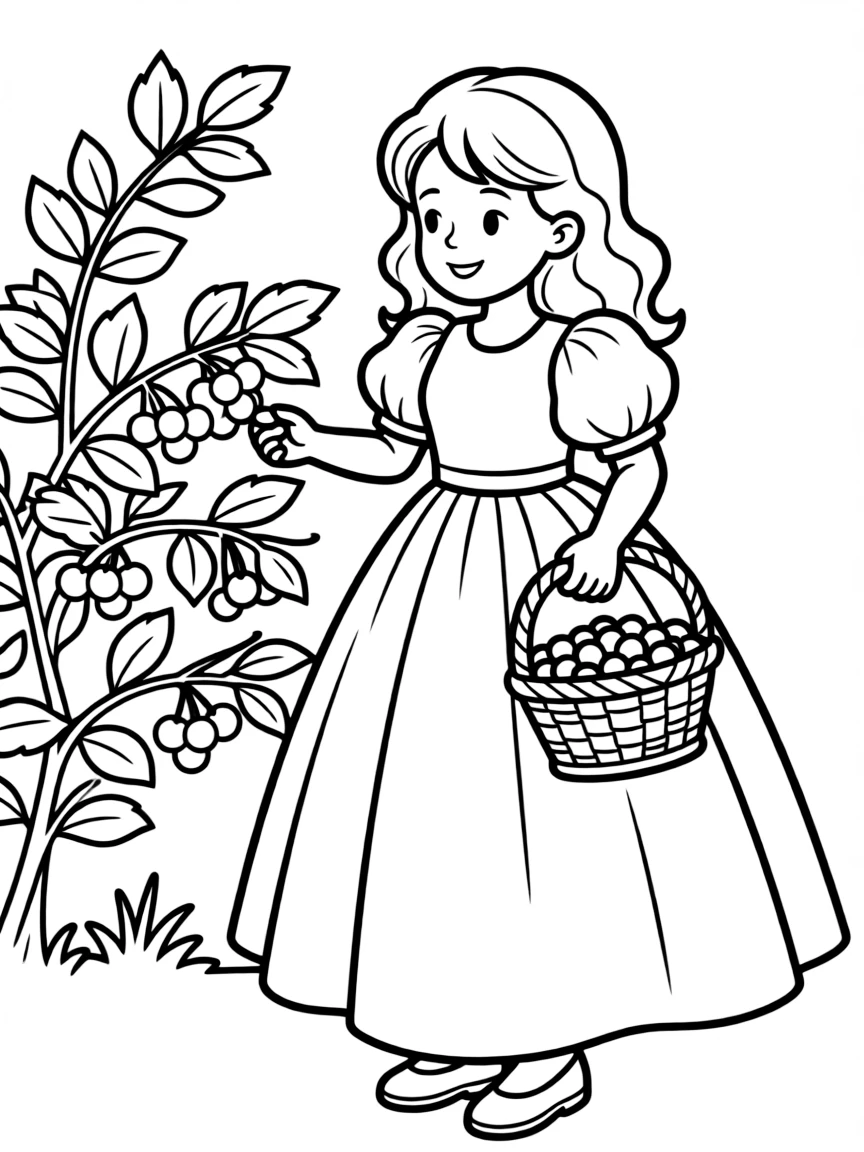 A princess with a basket of berries, picking them from a bush.