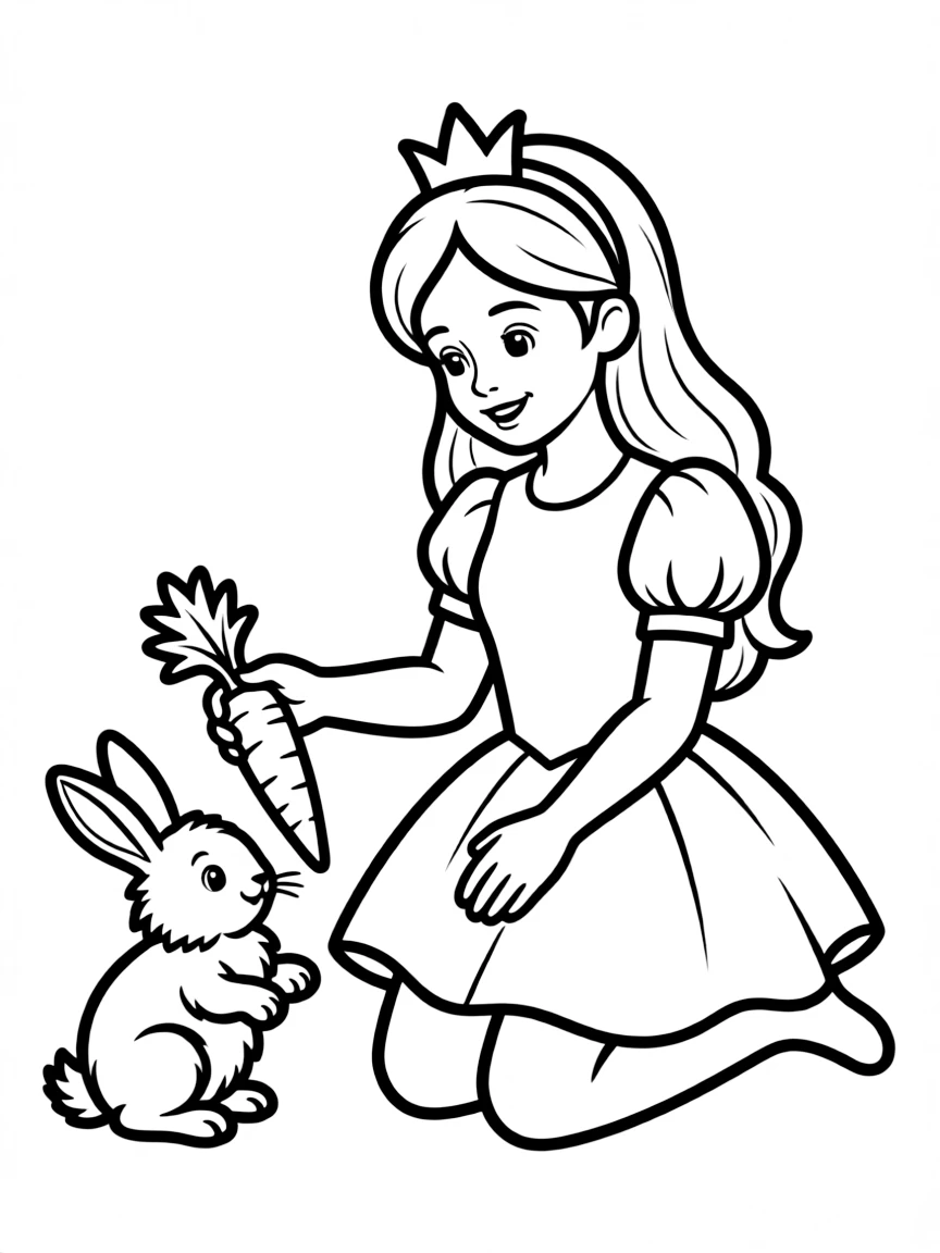 A princess with a pet rabbit, giving it a carrot.