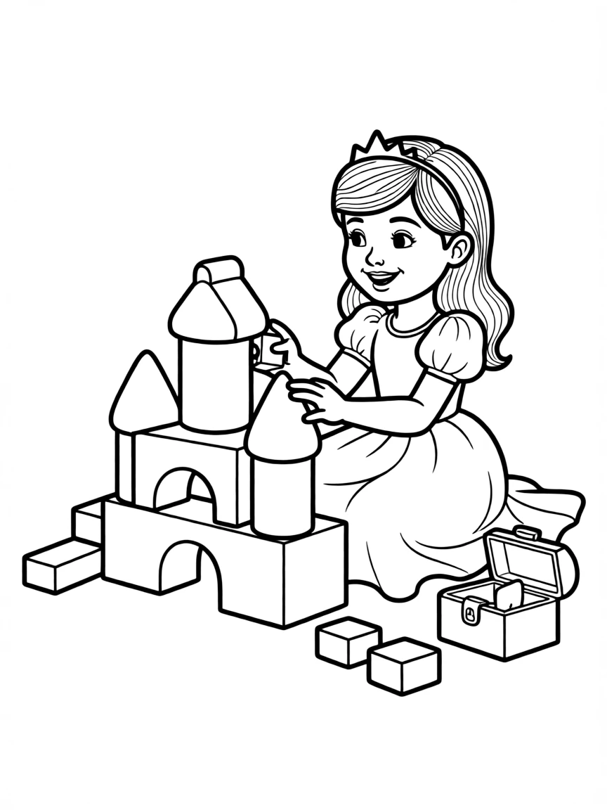 A princess building a miniature castle with toy blocks.