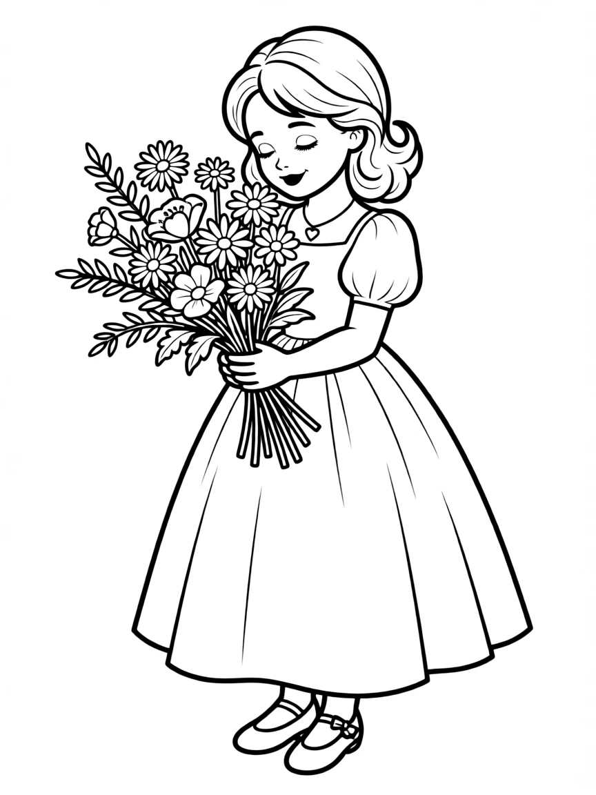 A princess holding a bouquet of wildflowers, smelling their sweet scent.