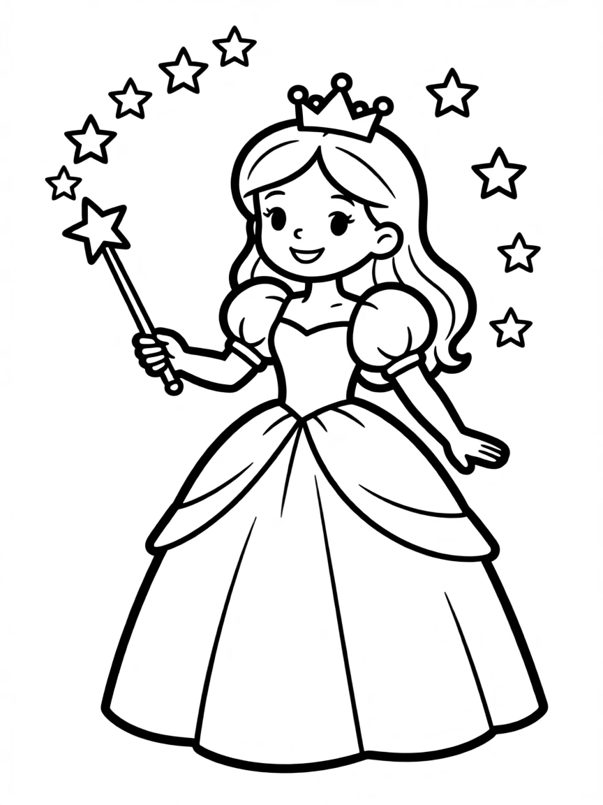 A princess with a magic wand, making stars appear.