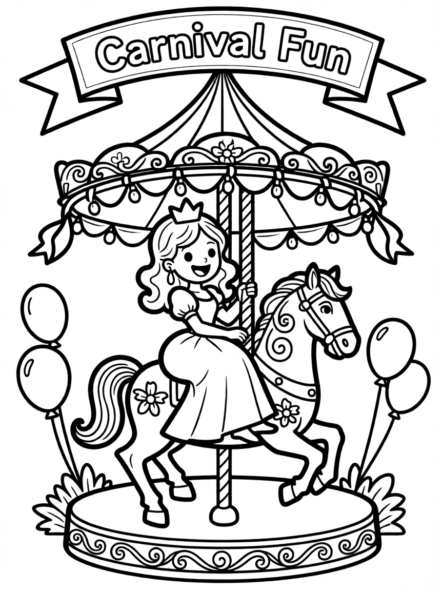 A princess at a carnival, riding a carousel with a big smile.