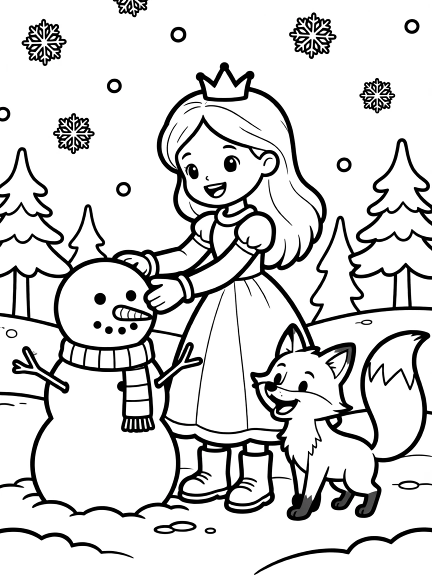 A princess with a pet fox, playing in the snow.