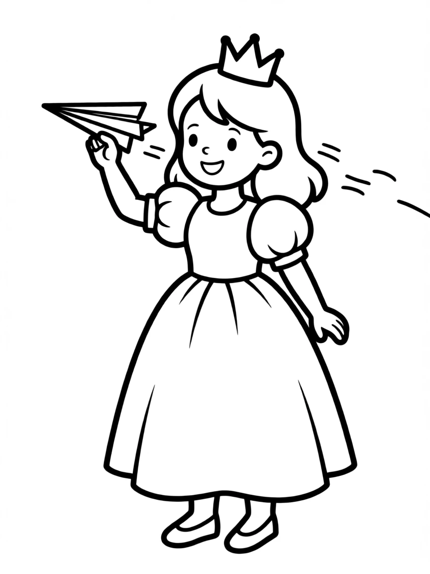 A princess making a paper airplane and sending it flying.