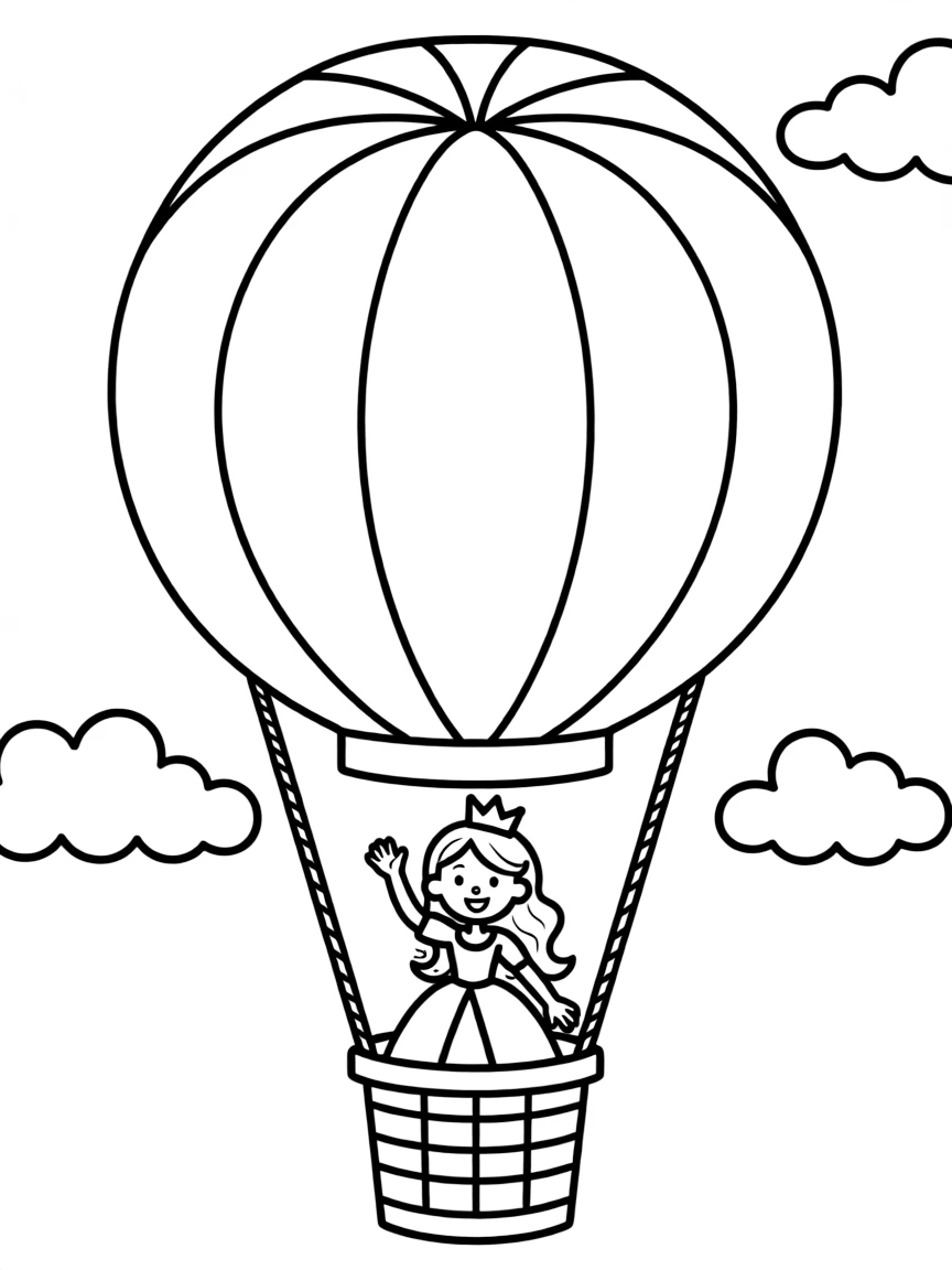 A princess in a hot air balloon, waving from the basket.
