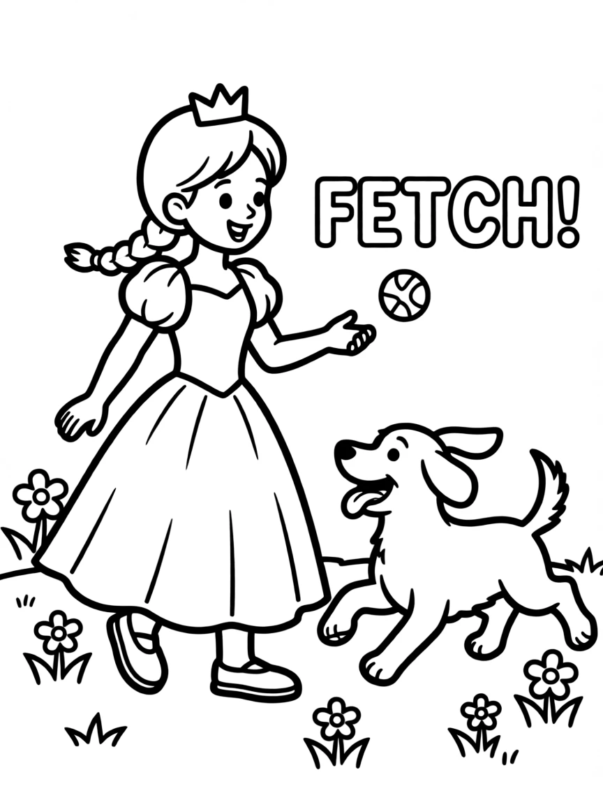 A princess playing fetch with a happy puppy.