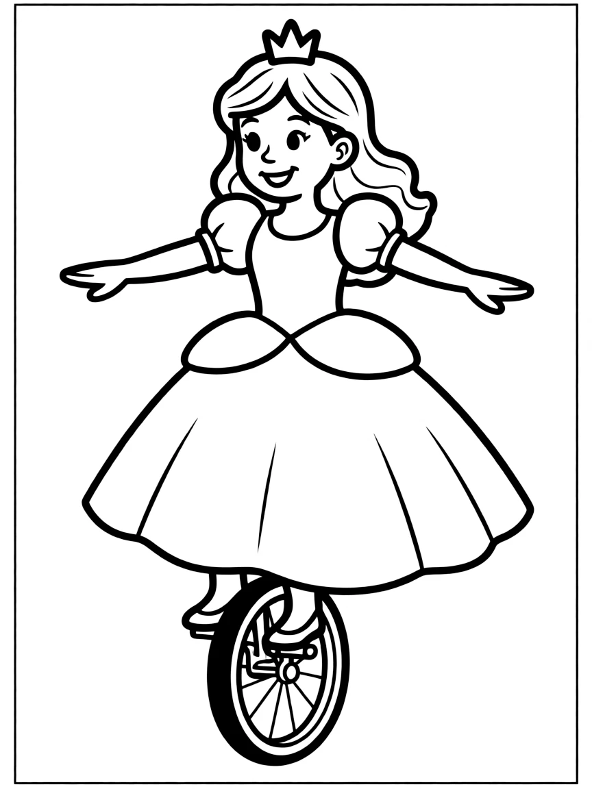 A princess on a unicycle, balancing carefully.