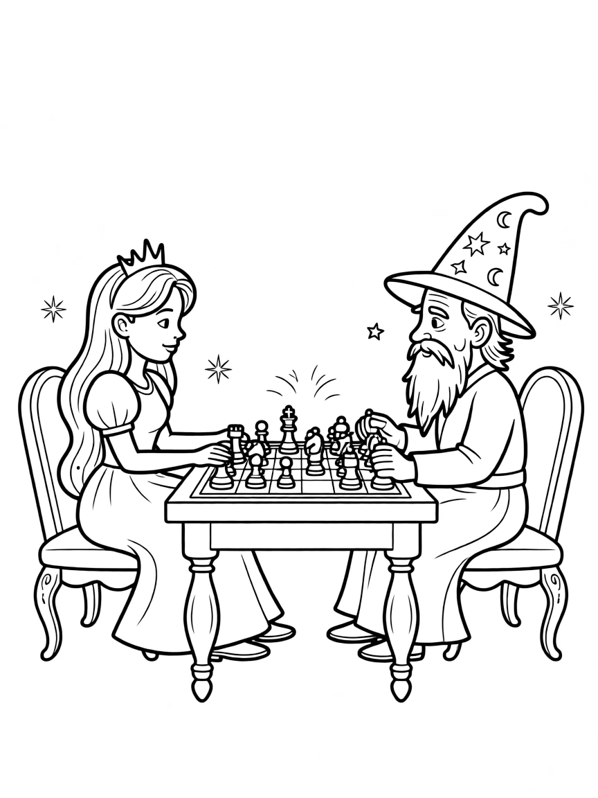 A princess playing chess with a wise old wizard.