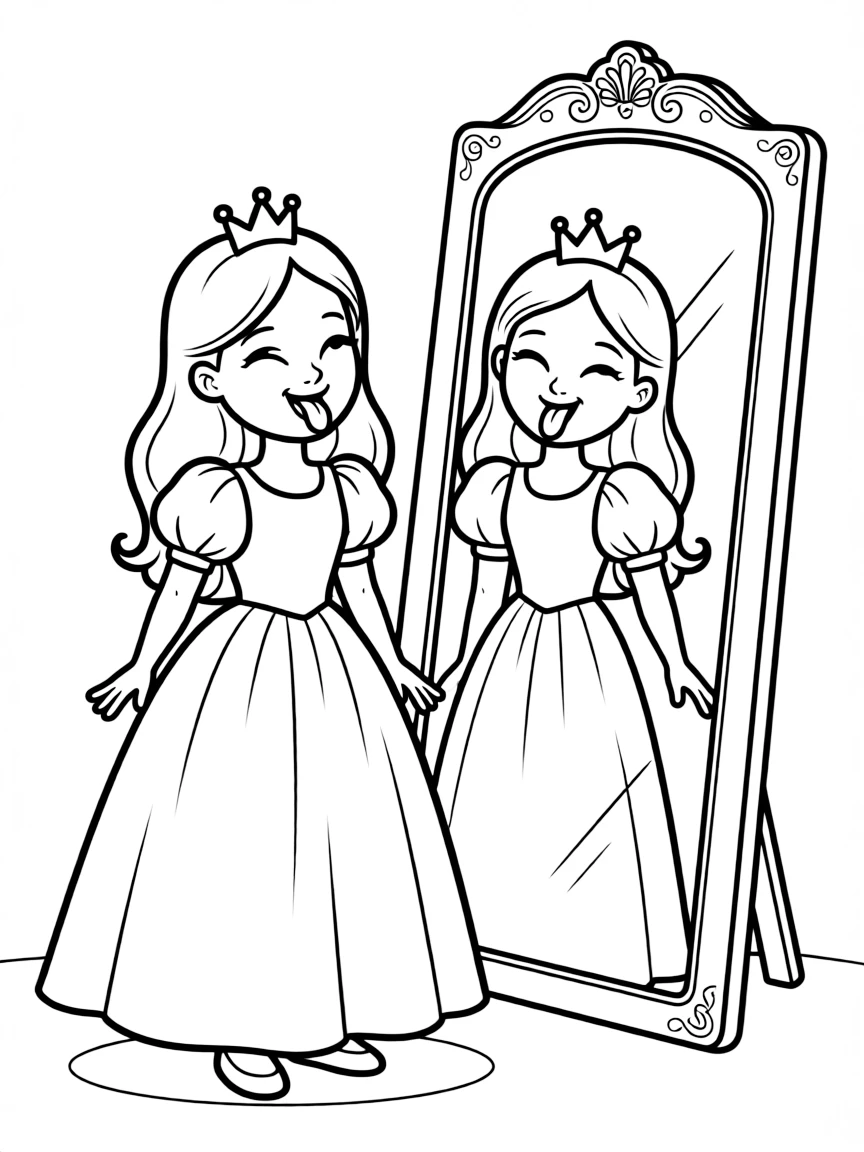 A princess making a funny face in a mirror.