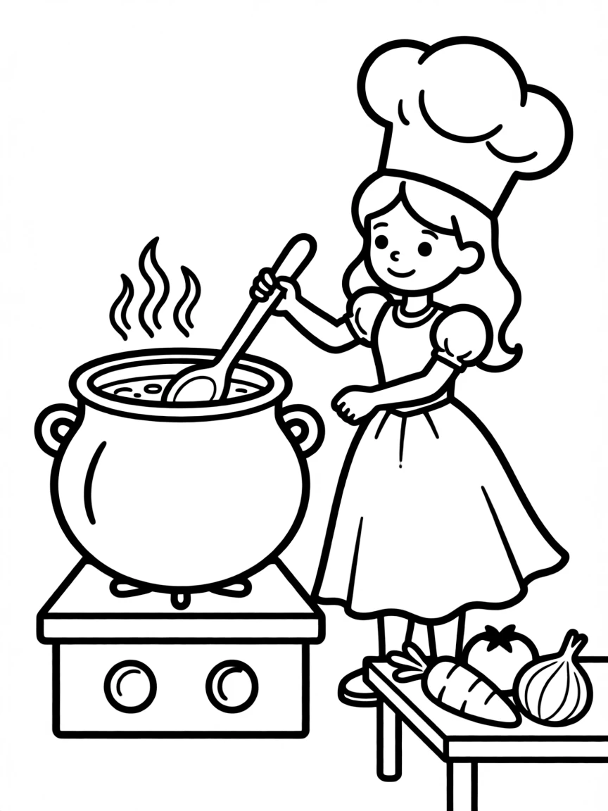 A princess in a chef's hat, stirring a pot of soup.
