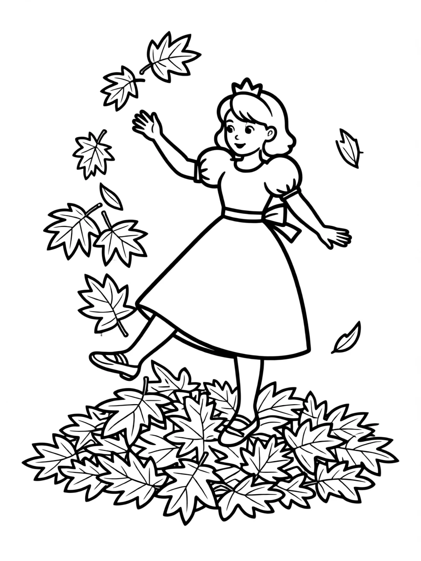 A princess playing in a pile of autumn leaves, kicking them up.