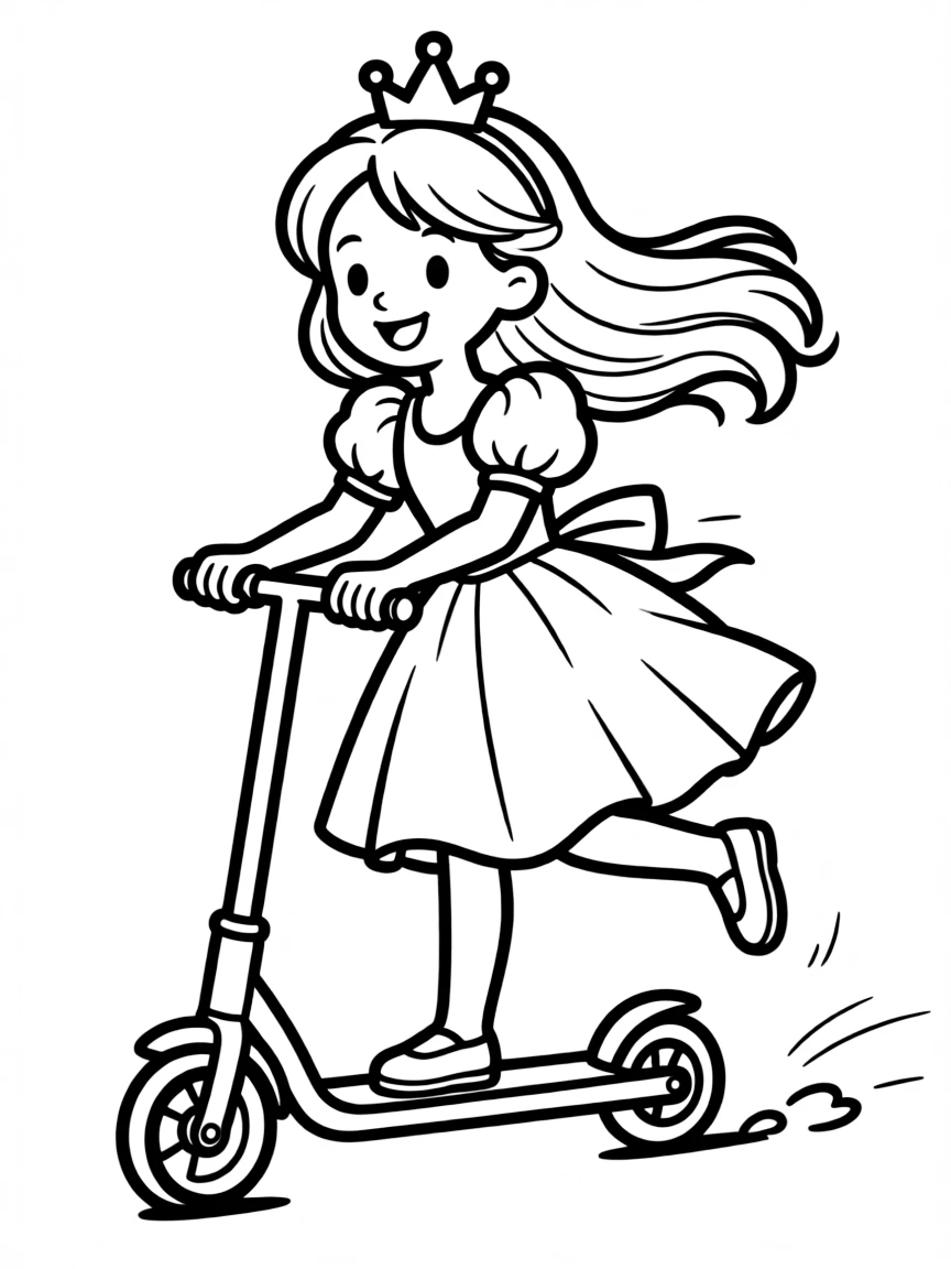A princess riding a scooter, with her hair flowing behind her.