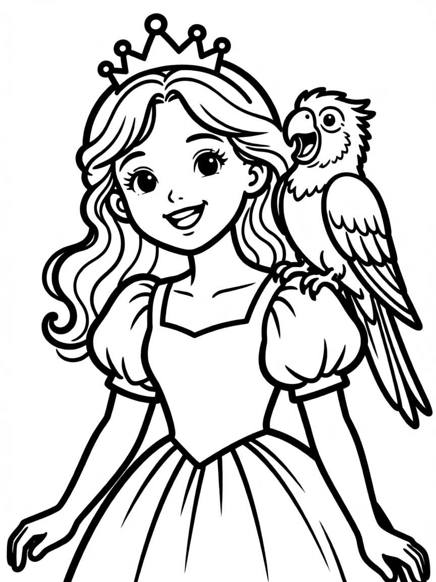 A princess with a pet parrot on her shoulder, squawking happily.
