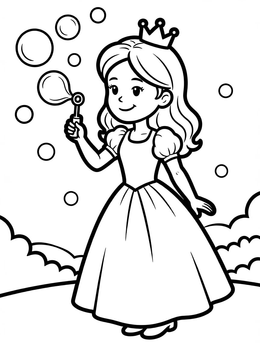 A princess blowing bubbles with a bubble wand.
