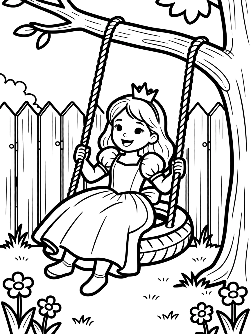 A princess swinging on a tire swing in a backyard.