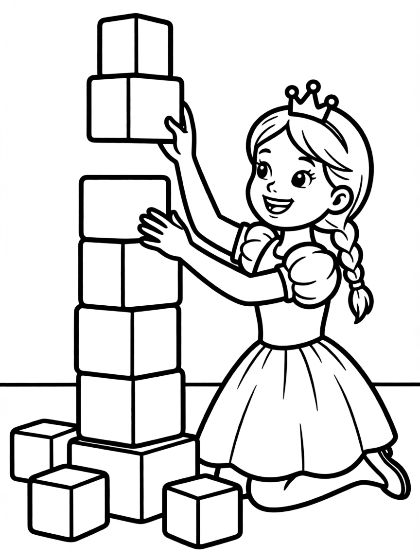 A princess building a tall tower out of colorful blocks.