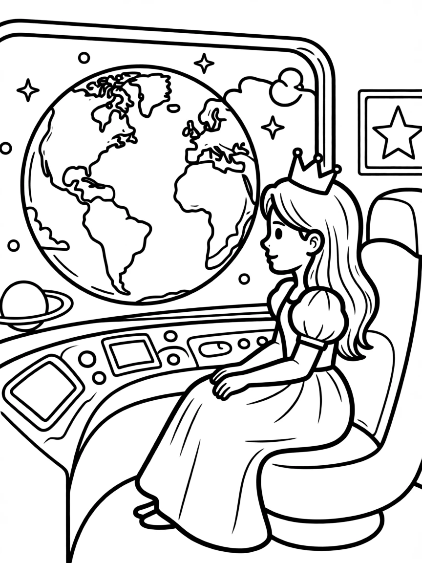A princess in a spaceship, looking out at Earth.
