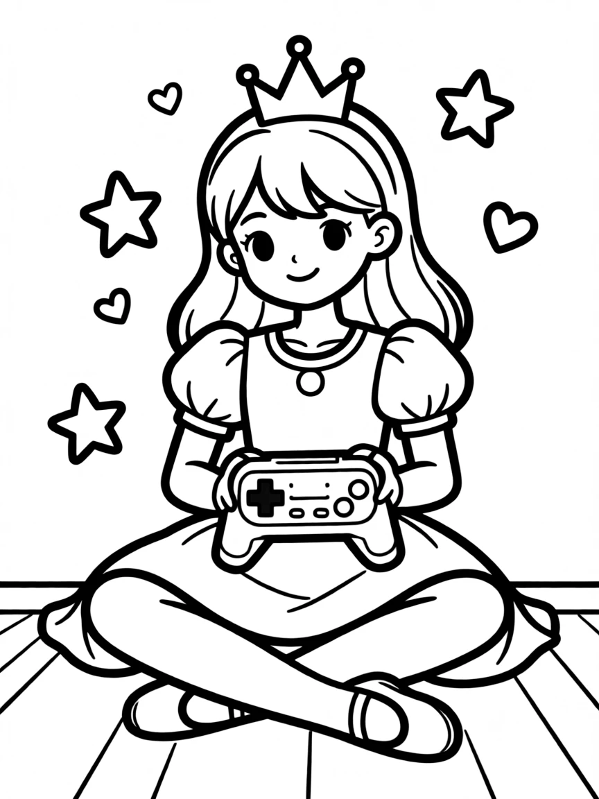 A princess playing a video game, with a controller in her hands.