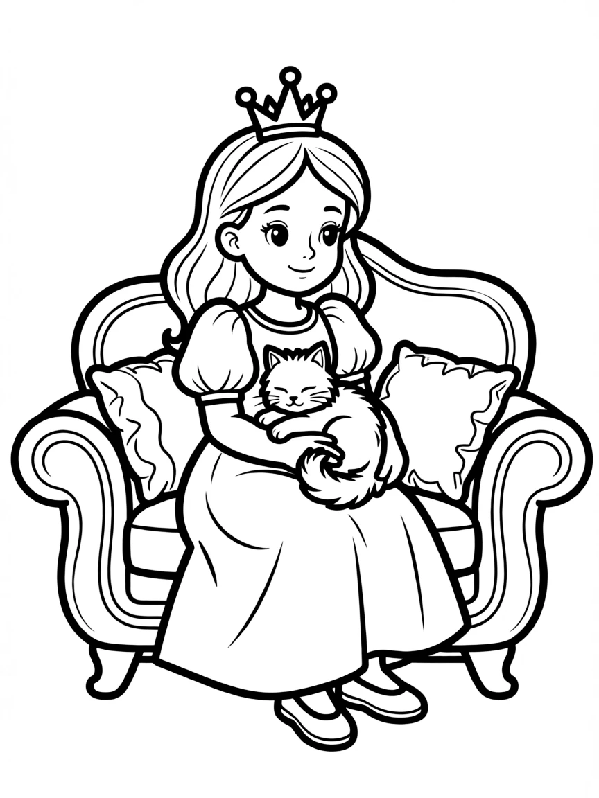 A princess with a pet cat, cuddling it on a sofa.