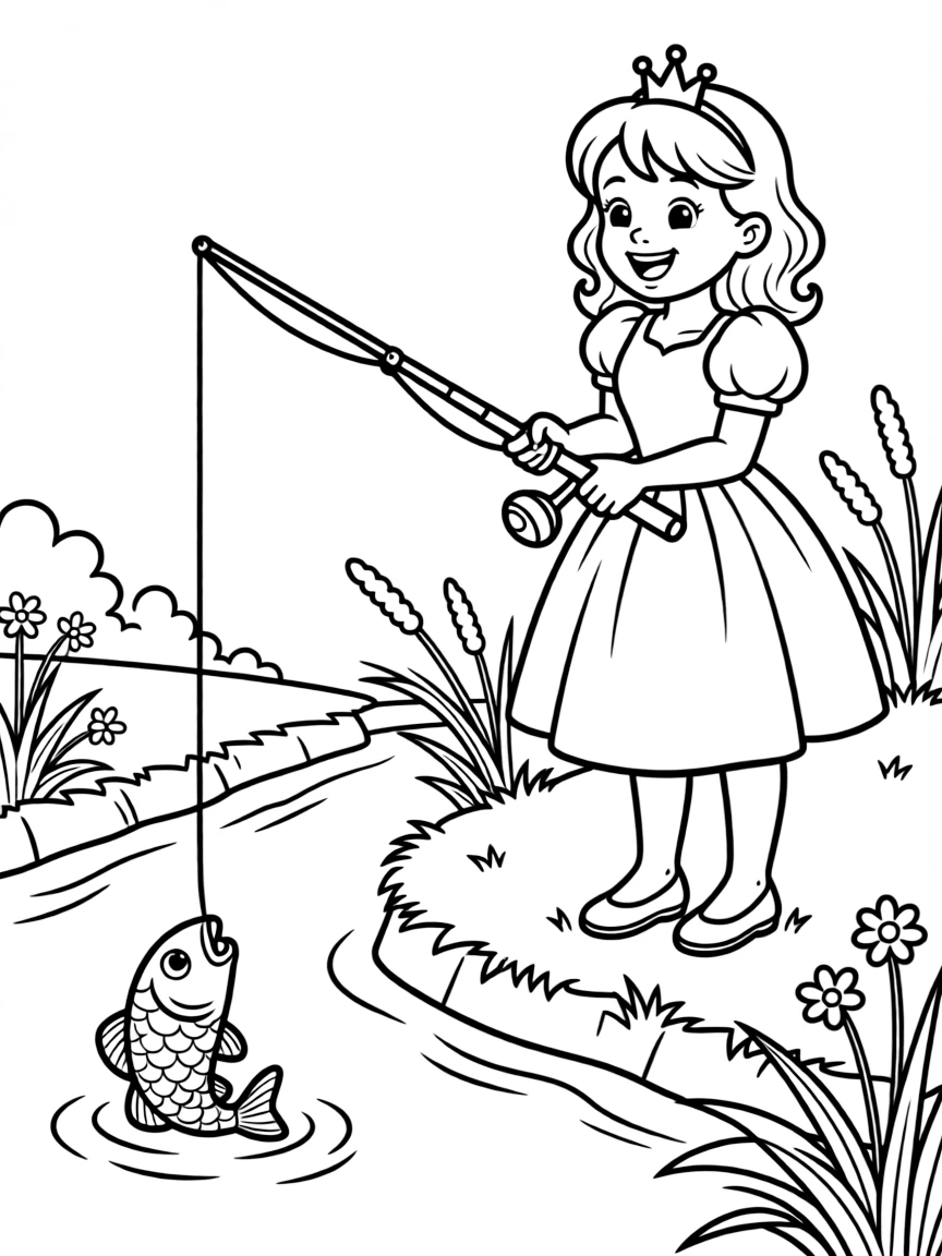 A princess with a fishing rod, catching a fish in a stream.