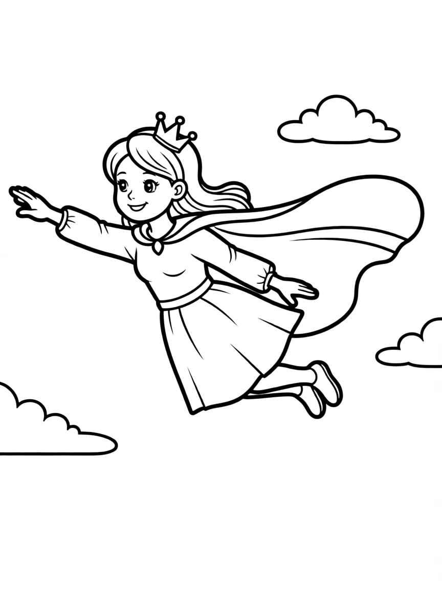 A princess wearing a superhero cape, flying through the sky.