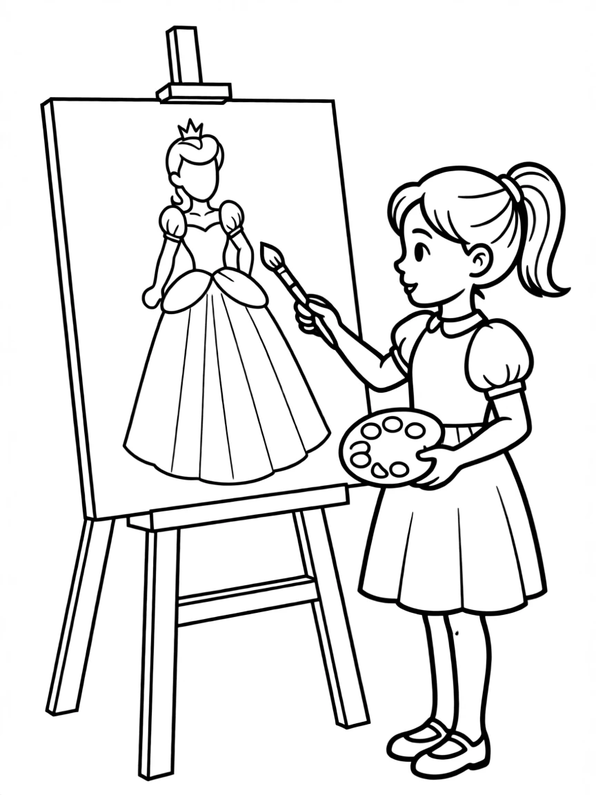 A princess drawing on an easel, with a rainbow palette.