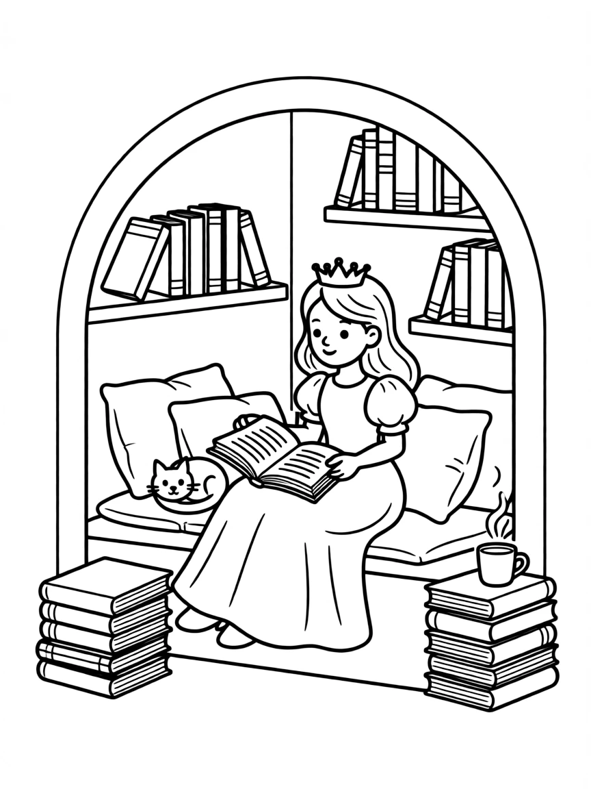 A princess in a cozy reading nook, surrounded by books.