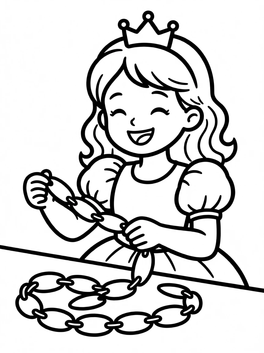 A princess making a colorful paper chain, smiling.